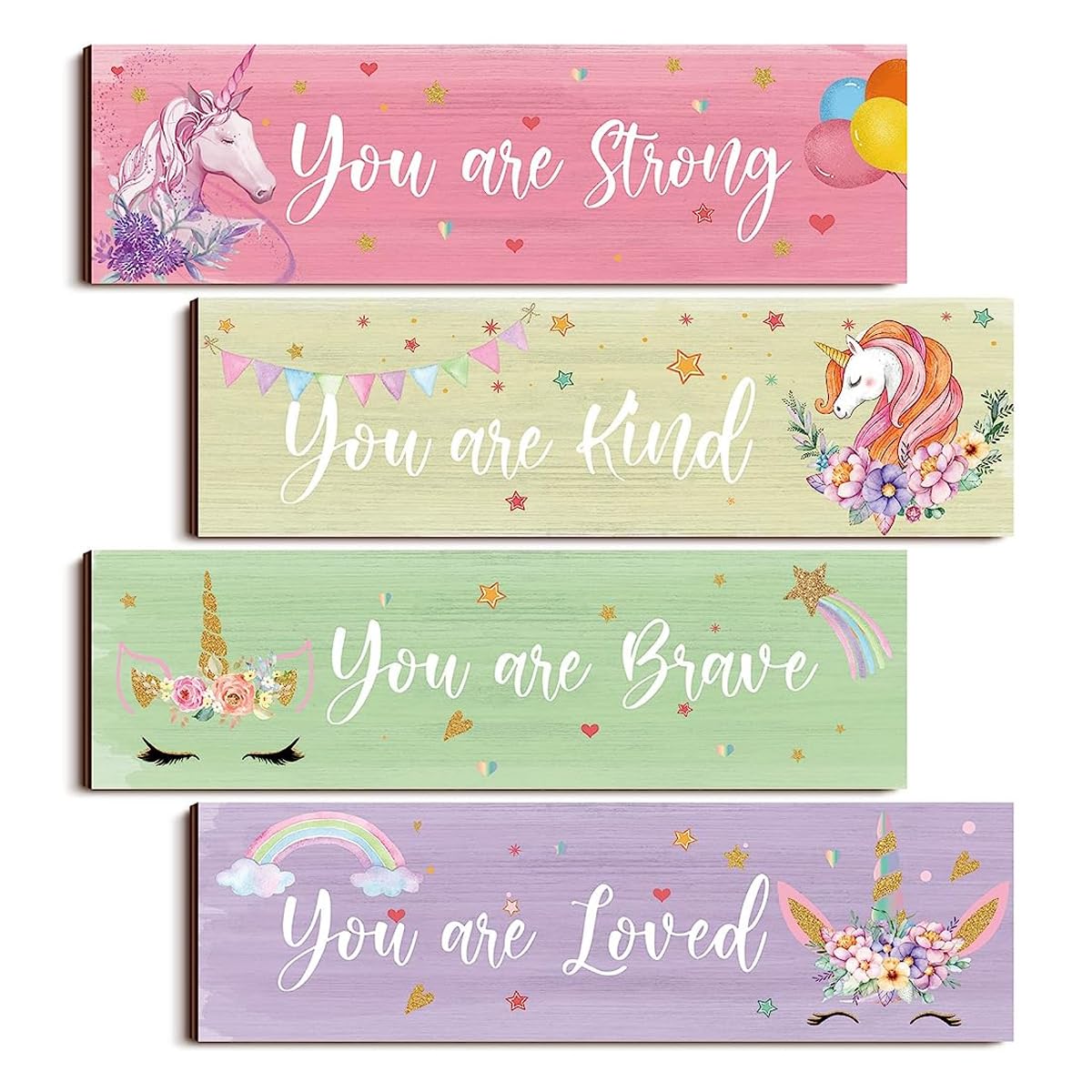 HASTHIP Unicorn Rainbow Wall Decor for Girls Room with Triangular Hooks and 11.8×3.9 in Wooden Signs | Set of 4 Inspirational Bedroom Decorations