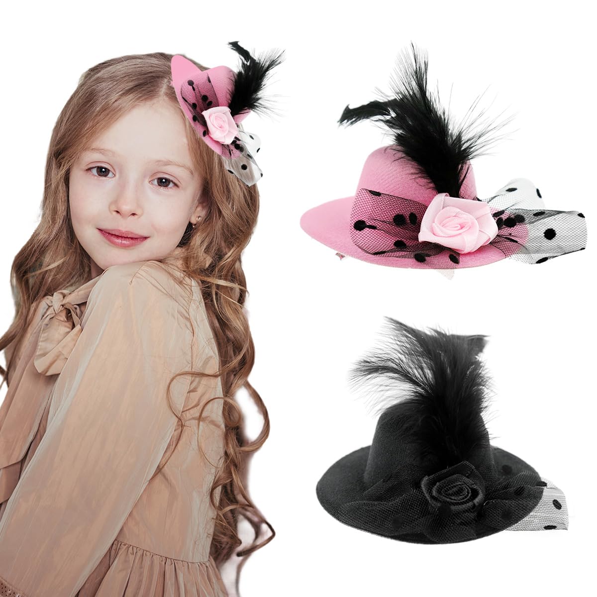 Venzina Mini Tea Hat Hair Clips for Girls with 10cm Lace Fascinator & Clip | Black and Pink