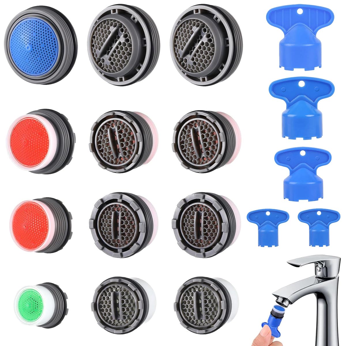 HASTHIP 12PCS Cache Aerator, 5 Sizes Faucet Aerator Key Removal Wrench, Replacement Cache Aerator for Sink M16.5 18.5 21.5 24 mm Tap Aerators Flow Restrictor