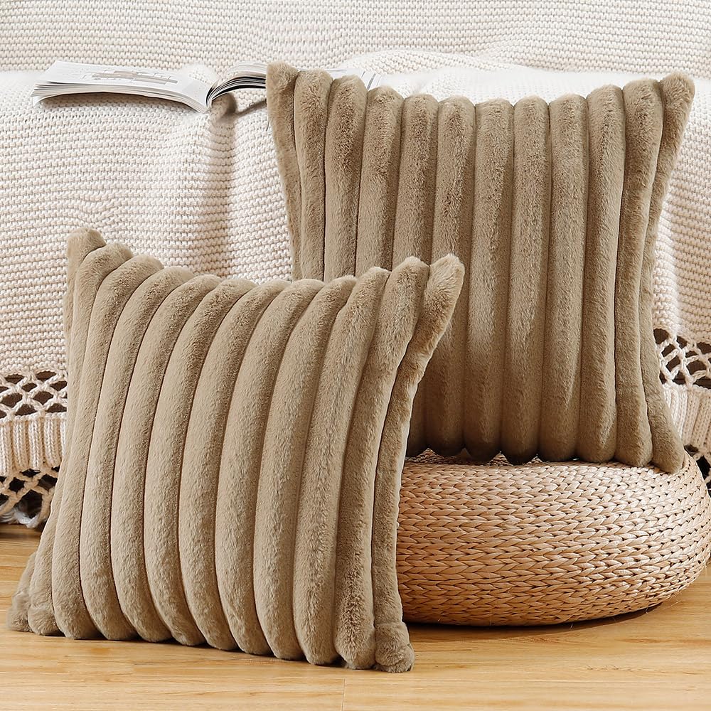 HASTHIP® Set of 2 Faux Plush Decorative Throw Pillow Covers 20x20 Inch Brown Fluffy Striped Soft Decorative Cushion Cover for Sofa Bedroom Pillow Shell