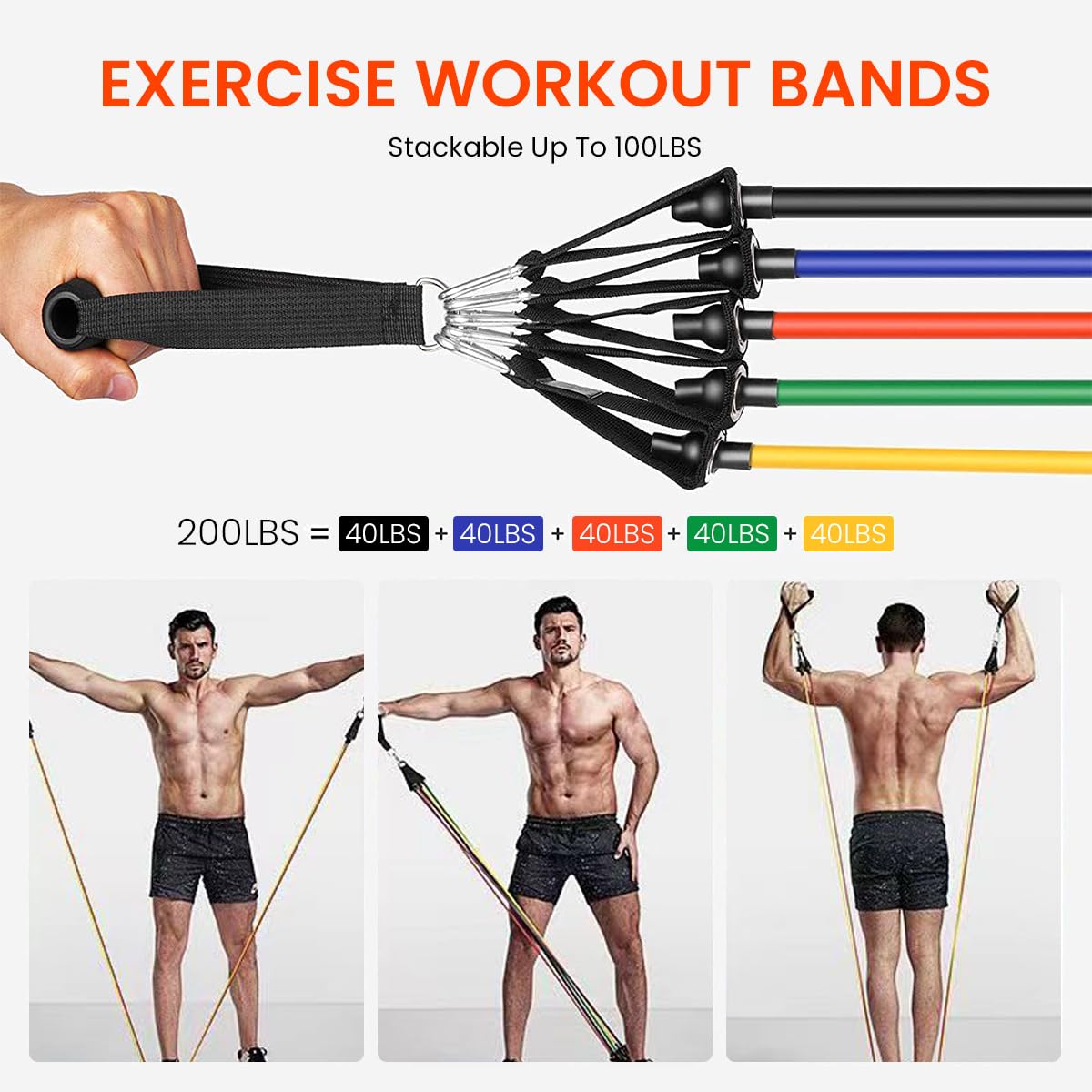 Proberos Resistance Exercise Bands Set for Home Workouts with Door Anchor System | 5 Bands 200lbs