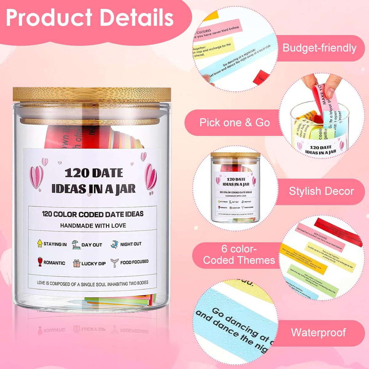 HASTHIP Dating Ideals Jar with 120 pcs Color Coded Notes for Creative Couple Activities | Fun Gift for Anniversaries and Valentine’s Day