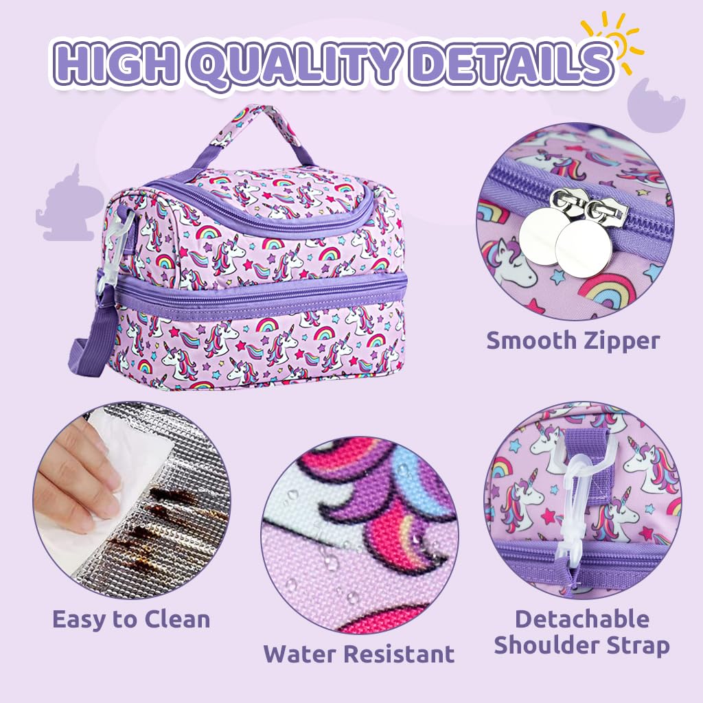 HASTHIP® Girls Lunch Tote with Removable Shoulder Strap Kawaii Purple Unicorn School Girls Bento Box Tote Bag Double Layer Insulated Lunch Bag Camping Lunch Tote Bag Insulated Food Bag, 25x15x16cm