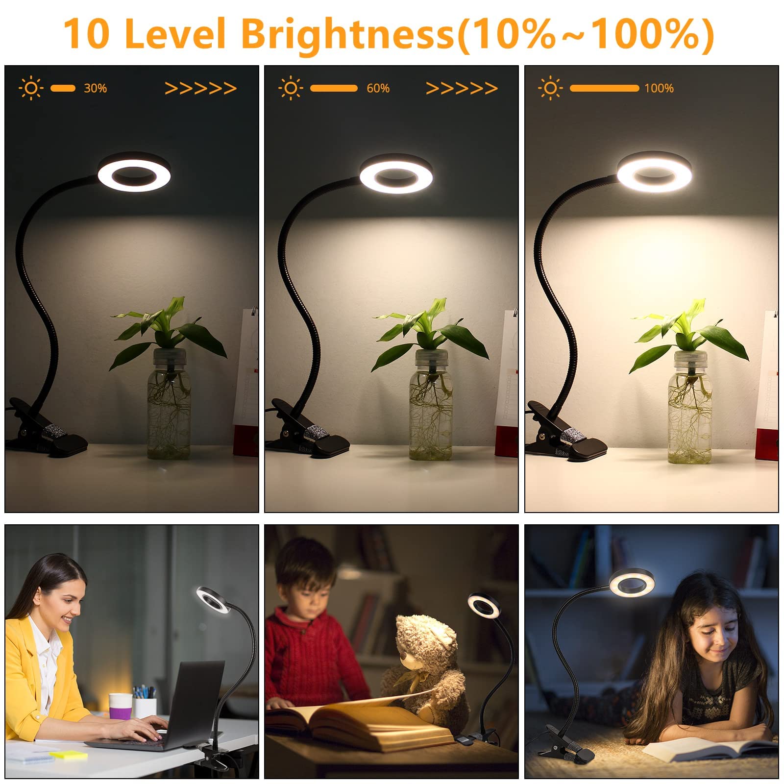ELEPHANTBOAT Book Light for Reading and Studying with 10 Dimmable Brightness Levels | Flexible Clip Lamp with 360° Hose and USB Power