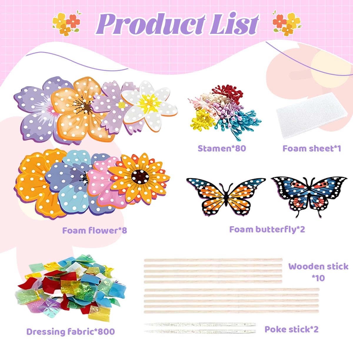 PATPAT Poke in Art Kit for Kids 6-12 with 800 pcs Fabric Squares and Sturdy Stems | Creative Flower Bouquet Craft Gift