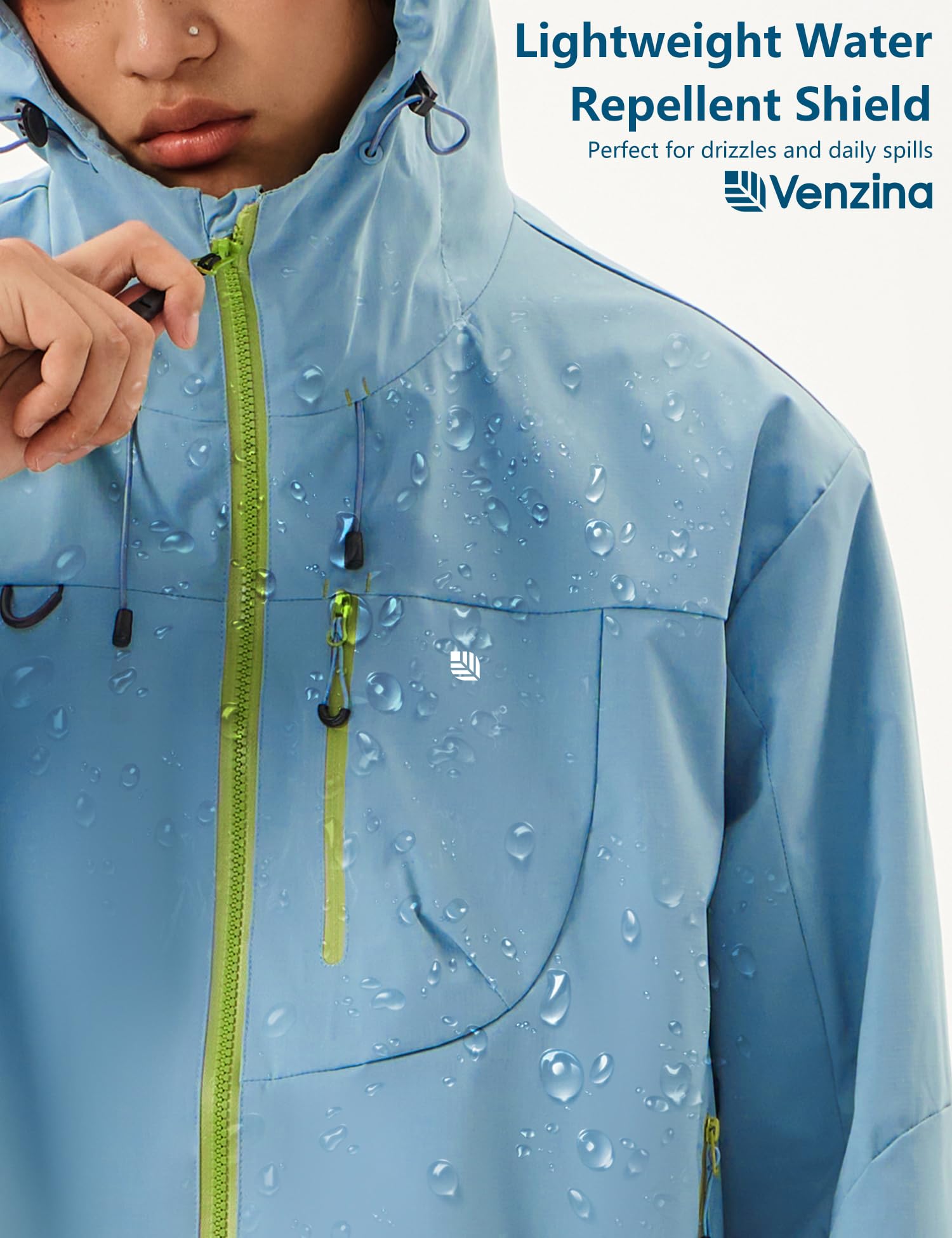 Venzina Men's Waterproof Rain Jacket for Urban Outdoor with Color Block Design and Breathable Windproof Fabric | Blue Unisex Style