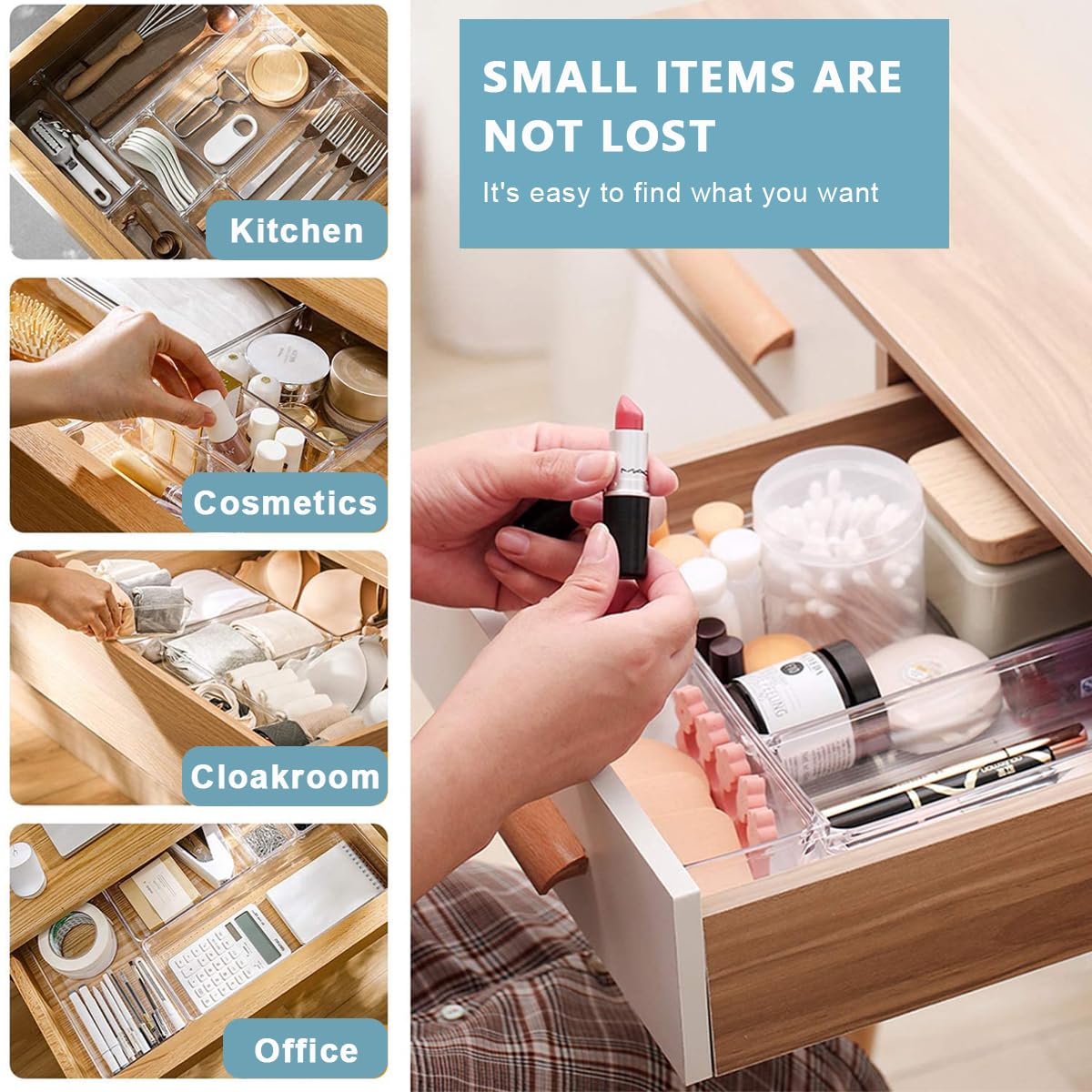 HASTHIP Plastic Drawer Organizer for Makeup and Office with 25 PCS Stackable PET Trays | Clear Non Slip Design