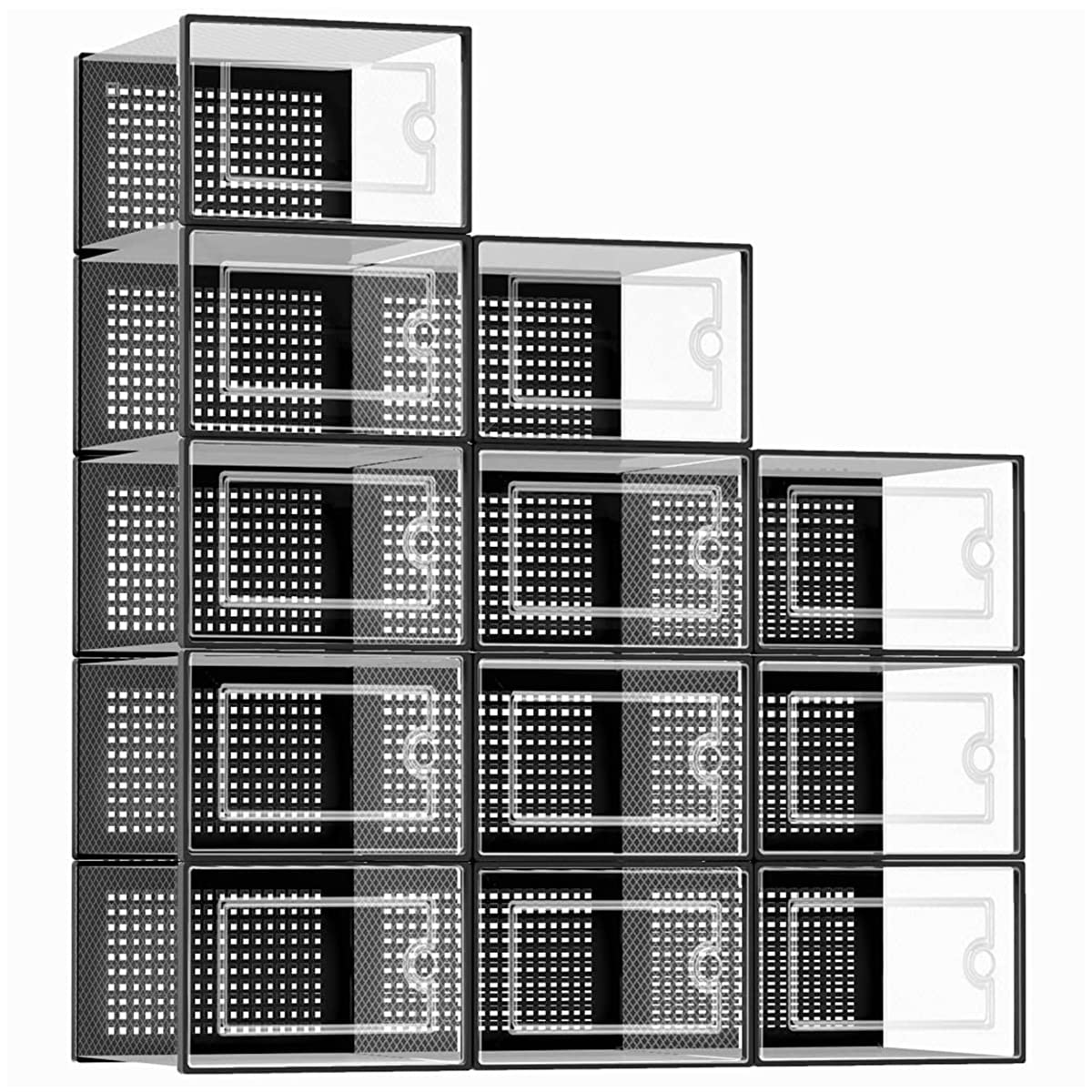 HASTHIP® 12 Pack Large Shoe Box, Plastic Shoe Boxes Storage, Fit Size 11, Clear Plastic Stackable Sneaker Containers Bins with Lids, Great Substitute for Shoe Rack (Black)