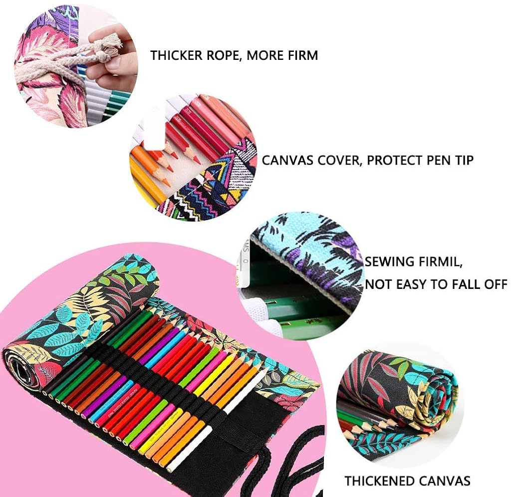 HASTHIP® 72 Slot Canvas Pencil Wrap Case Combo, Roll Up Maple & Fallen Leaves Print Pouches for Artists, Journaling, Sketching, DIY, Scrapbooking, Planners, Crafts, Students, Multicolor