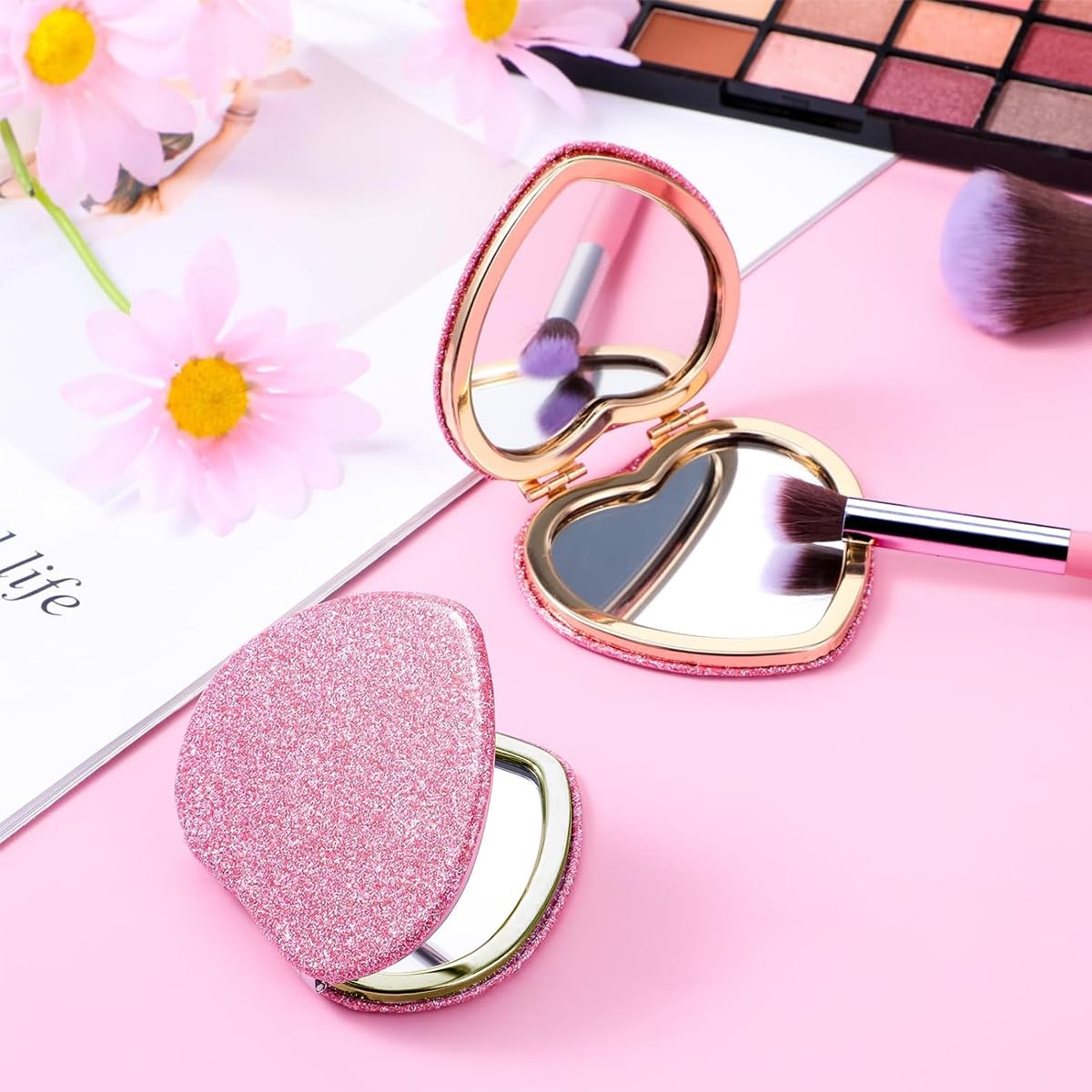 MAYCREATE Mini Heart Folding Mirror for Travel with Dual Mirrors and Pink Glitter Design | 6.9x7.21cm Compact Makeup Mirror for Women