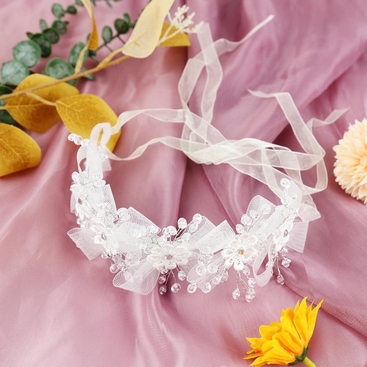 SANNIDHI Flower Tiara for Girls featuring White Lace Bow and Mesh Design | Elegant Hairband