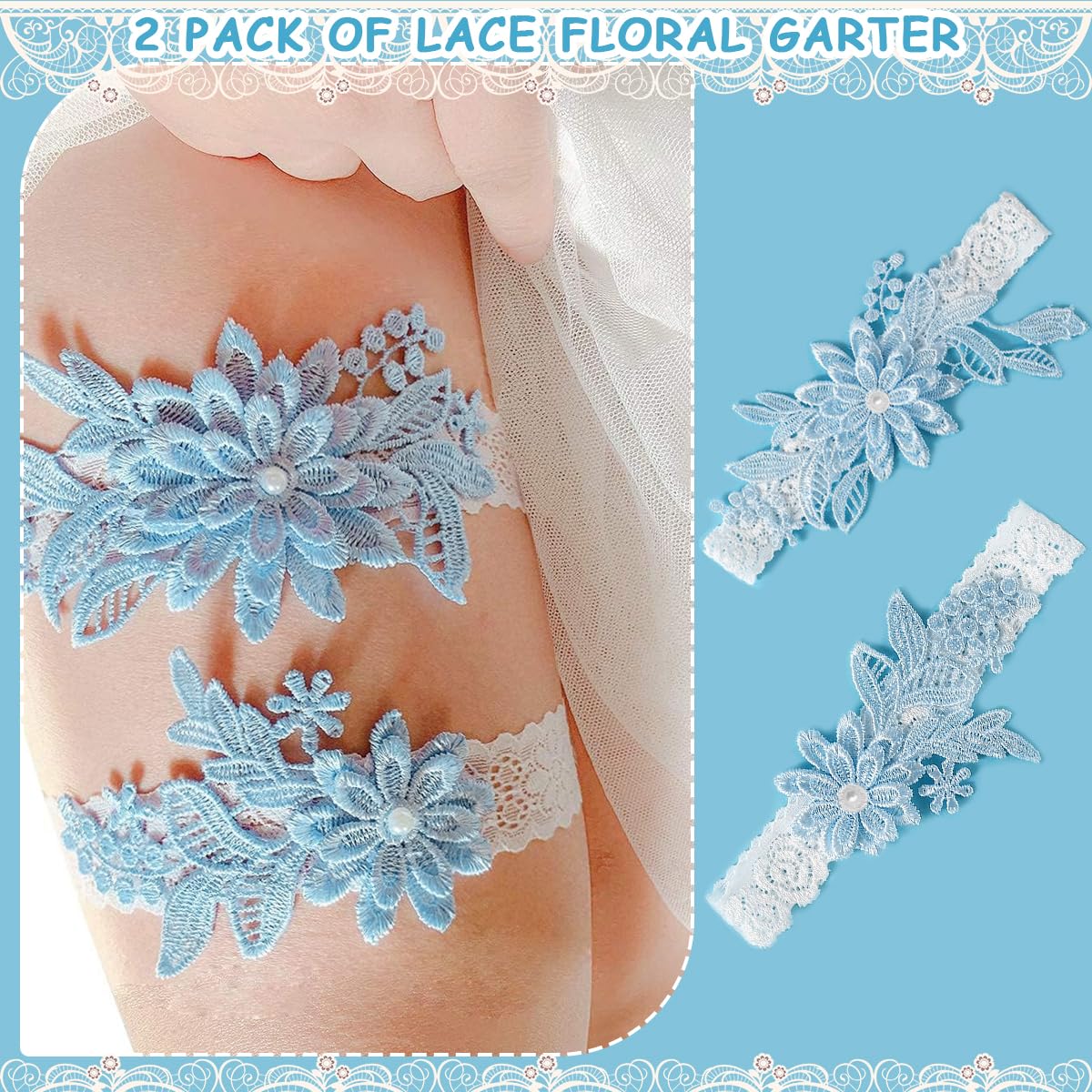 PALAY Lace Wedding Garter Set for Bride with Daisy Floral Applique and Pearl Center | 2pcs Adjustable 40–60cm Stretch Lace