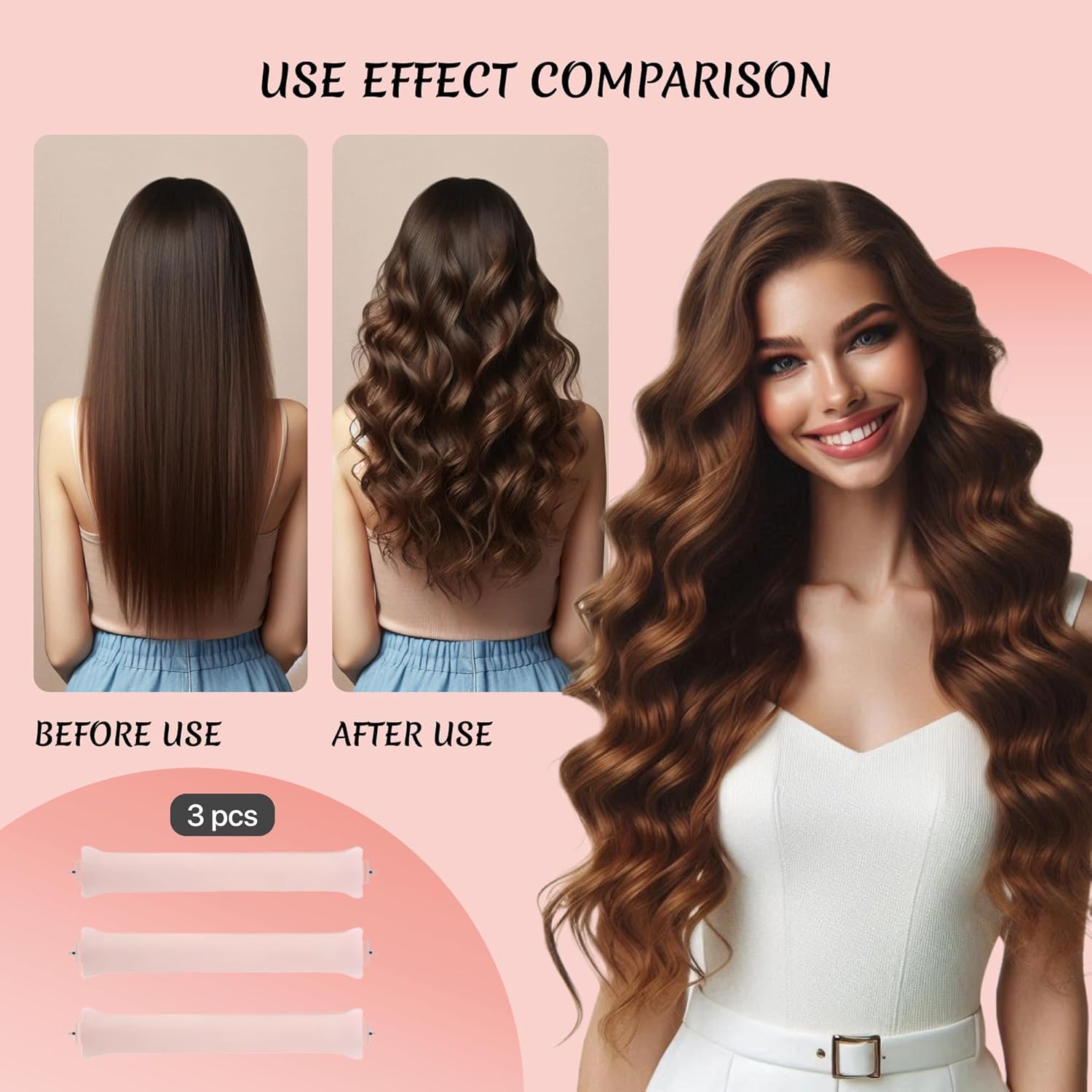 HANNEA Heatless Hair Curler for Overnight Styling with Dual Hook Rods 9PCS 25cm Pink | Soft Satin Velvet Curls