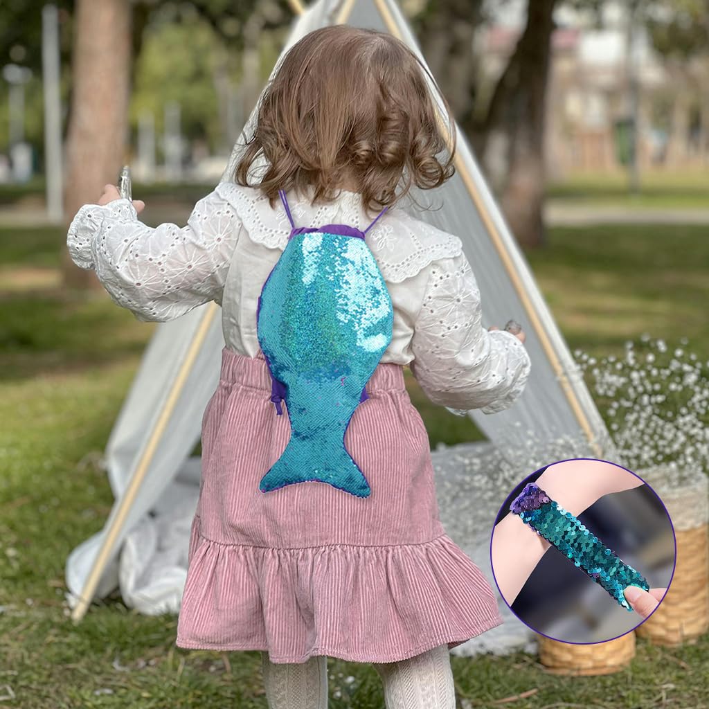 SNOWIE SOFT Drawstring Backpack for Kids with Adjustable Straps and Sequin Mermaid Tail Charm | Waterproof PU Bag and Small Purse Set