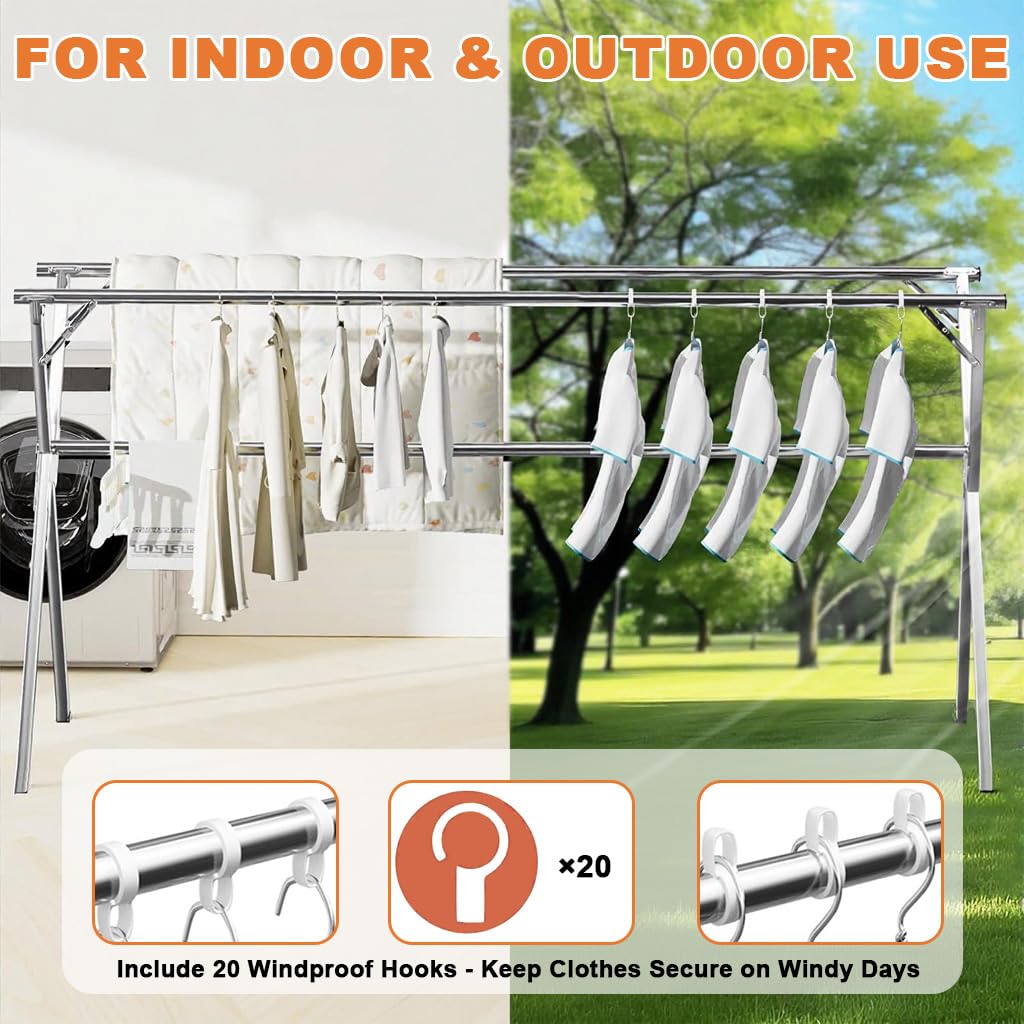 HASTHIP Folding Cloth Drying Rack for Indoor and Outdoor Use with 6.6ft Telescopic Frame and 20 Hooks | Double Layer Stainless Steel Laundry Organizer