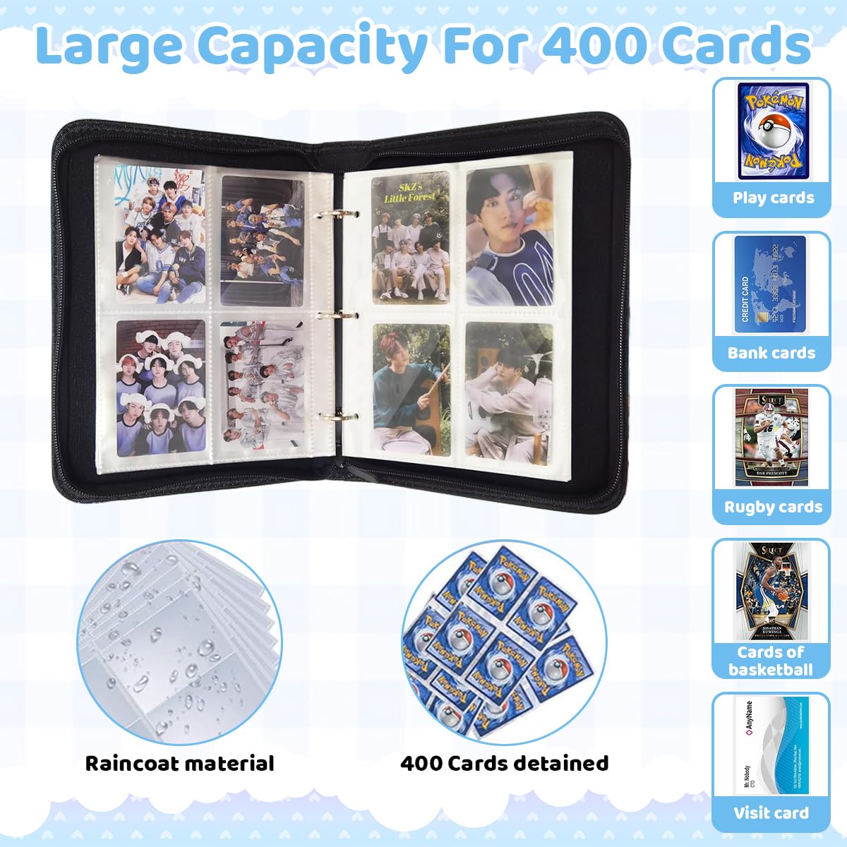 PATPAT K-pop Stray Kids Photocard Album with 400 Pockets Zippered PU Cover and Hand Strap