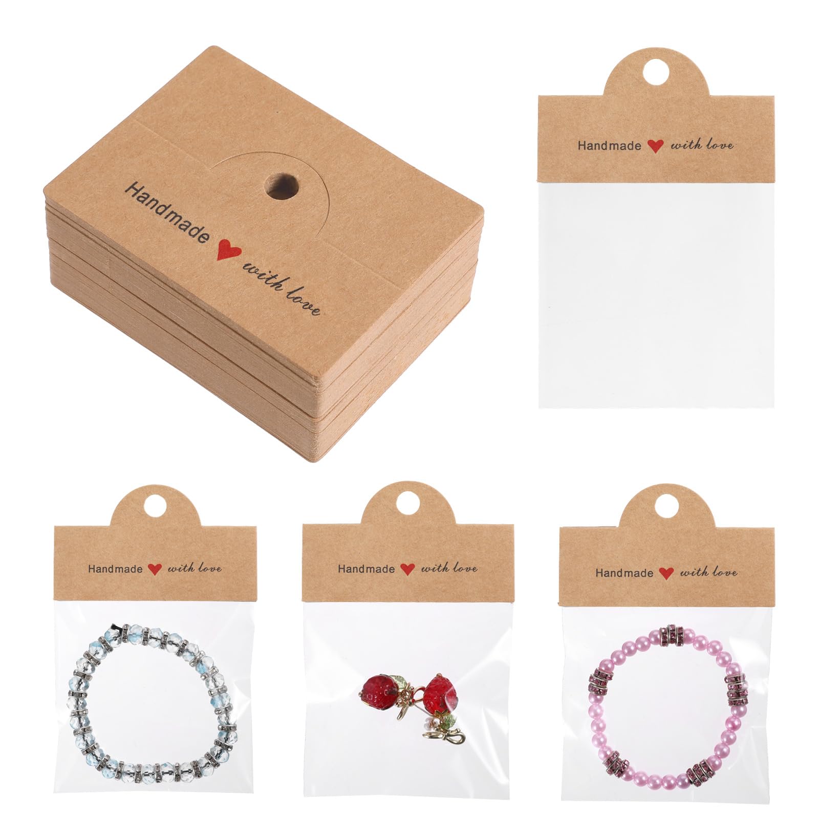 HASTHIP® 100Pcs Brown Packaging for Small Business,Jewelry Package Supplies with Clear Bags,Jewelry Display Bags for Selling Craft Packaging Set Bracelets Key Chains Earring.-Patterned