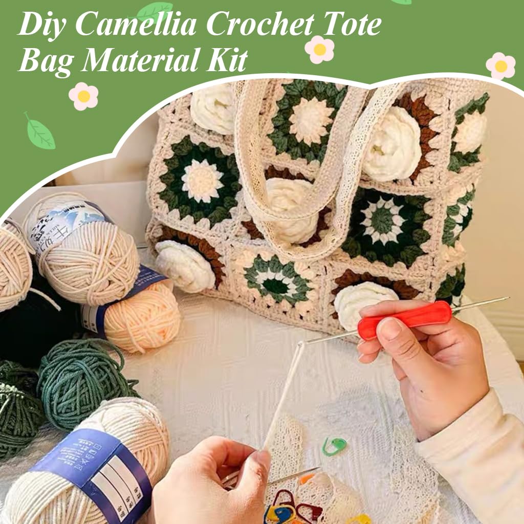 HASTHIP® DIY Camellia Crochet Bag Material Kit with Magnetic Buckle Crochet Handbag Tote Camellia Pattern Handbag Material Kit with Yarn, Crochet Hooks, Lining Pouch, Step by Step Tutorial, 28x25cm