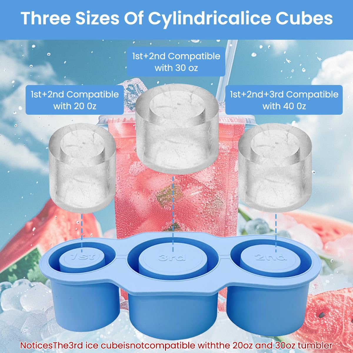 Supvox Silicone Ice Mold for Stanley Tumblers with Hollow Cylinder Design and Lid 3 PCS