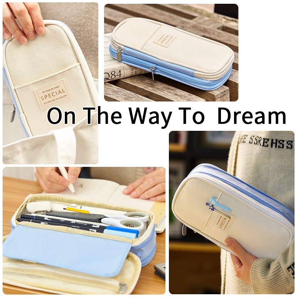 HASTHIP Pencil Case for Students with Double Zipper and Expandable 21.5×10×7 cm Design | Light Blue 2 PCS