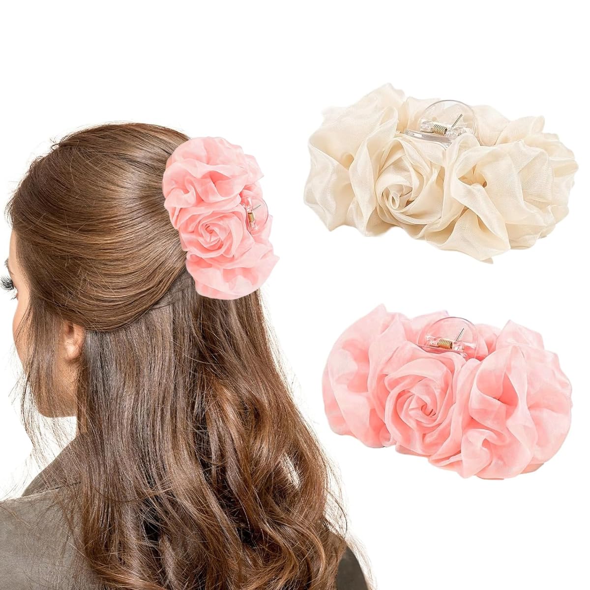 SANNIDHI Flower Hair Claw Clips for Women featuring Pleated Chiffon Floral Design | 2Pcs Resin Set
