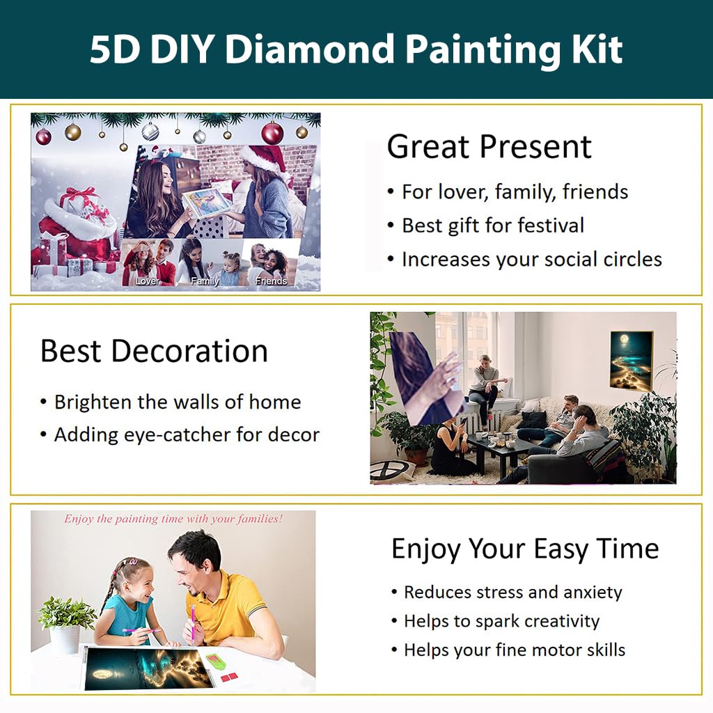 ZIBUYU® DIY 5D Diamond Painting Art Kit Dreamy Beach Moonlit Night Diamond Painting Beginner DIY 5D Diamond Painting for Home Decor, No Frame Wall Decor 5D Diamond Painting, 12 x 16 Inch