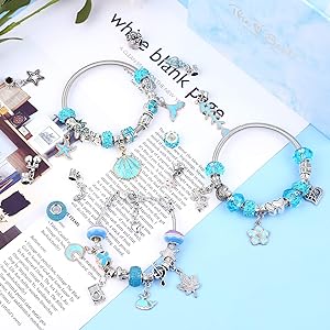 PATPAT® 63pcs DIY Charm Bracelets Kit with Gift Box, Jewelry Making Kit with Bracelet Beads, Jewelry Charms, Necklace Jewelry Making and DIY Crafts for Kids Girls-Blue