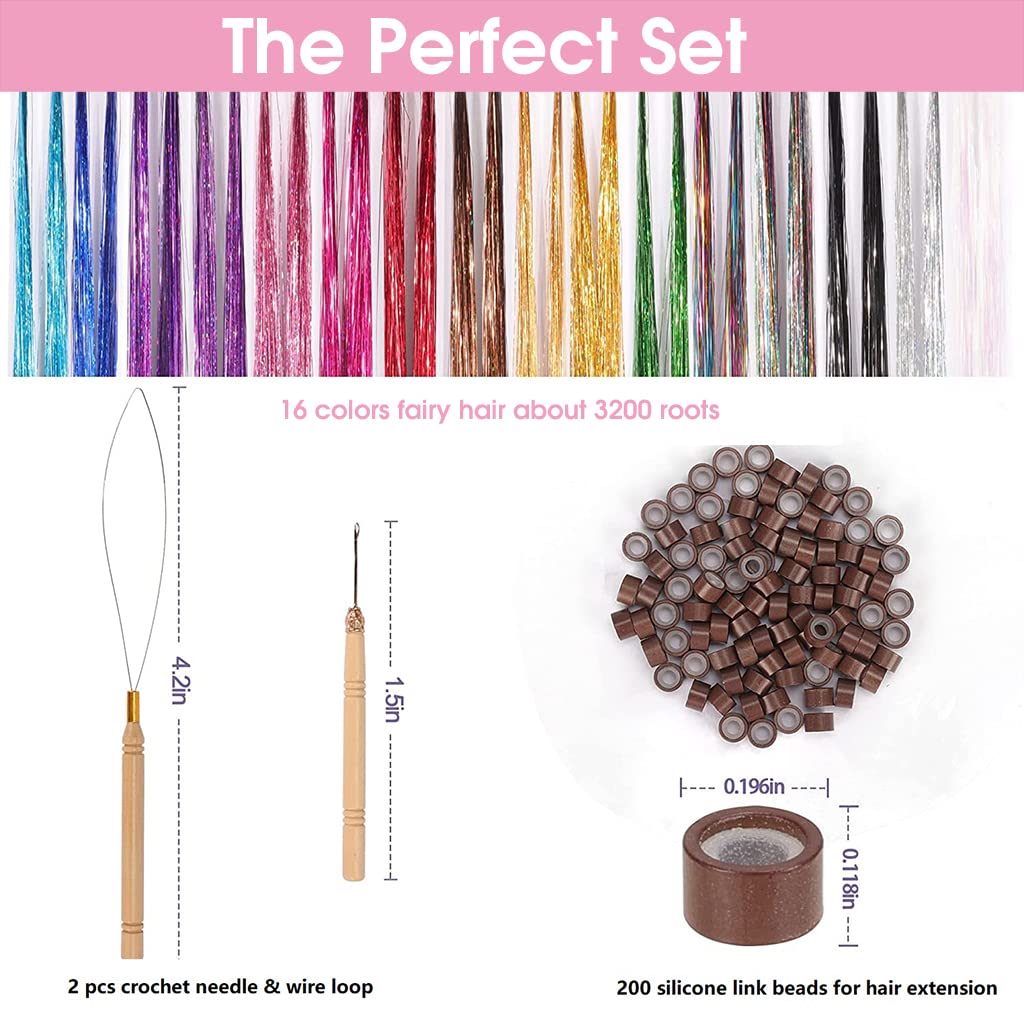 MAYCREATE Hair Tinsel Extensions Kit for Party Styling with Tools and 47 in 3200 Strands | 16 Colors