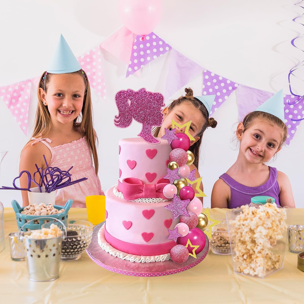 HASTHIP Cake Toppers for Birthday Cakes with 36 Pcs Glittering Stars and Pink Girl Silhouette | Party Decorations for Women and Girls