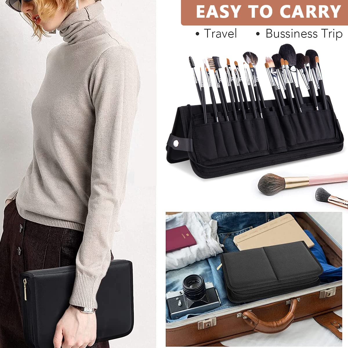 MAYCREATE Makeup Brush Holder Bag for Travel with 29 Elastic Pockets and Foldable Stand | Black