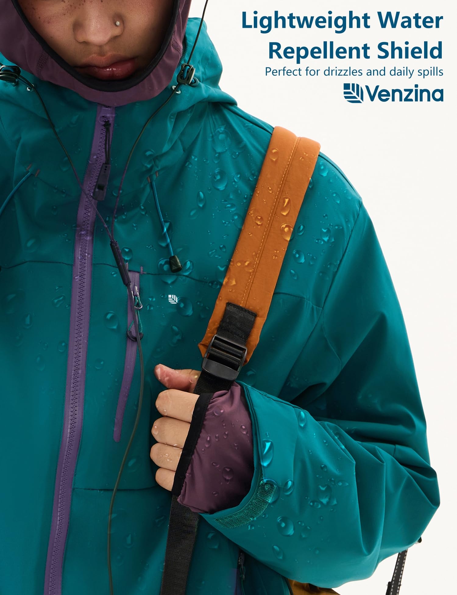 Venzina Men's Waterproof Rain Jacket for Urban Outdoor with Color Block Design | Breathable Windbreaker in Peacock Blue
