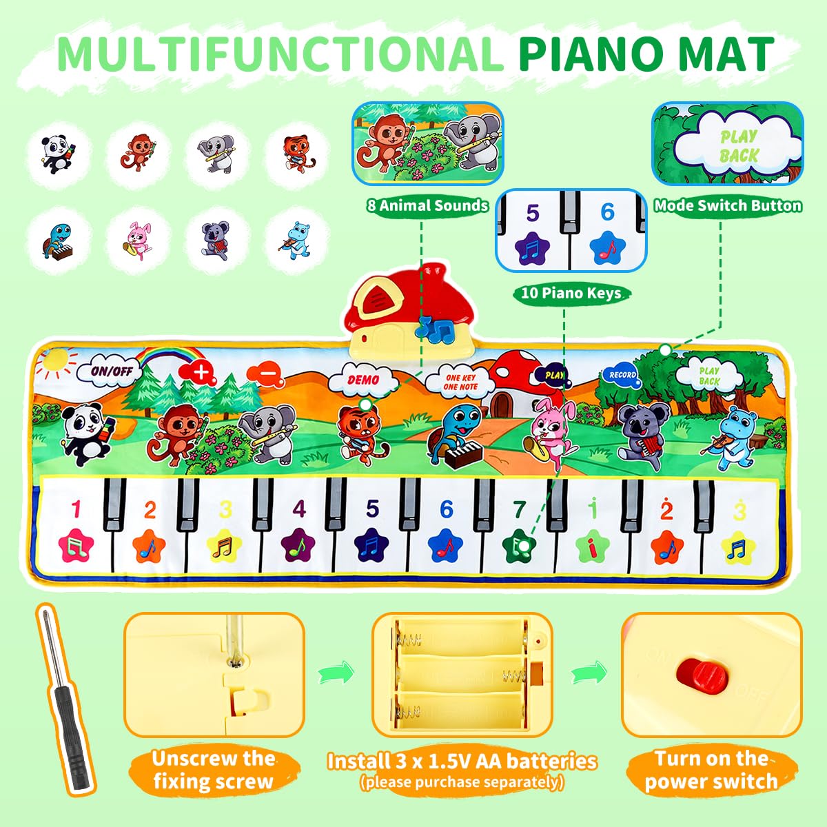 PATPAT Piano Keyboard Musical Mat for Kids with 8 Animal Sounds and 43.3x14.2in Foldable Design | Educational Toy for Ages 1–6