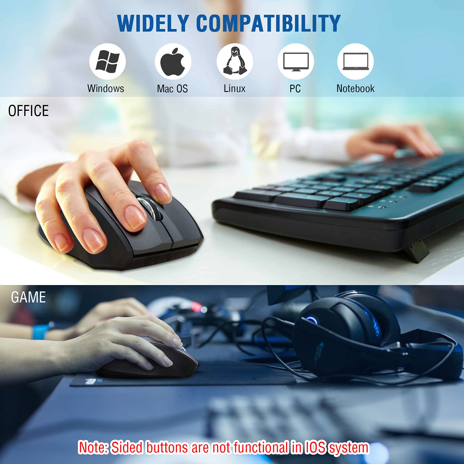 Verilux Wireless Mouse with Battery Level Indicator Rechargeable Optical Mouse Adjustable DPI 2.4GHz Quick Responce Ergonomic Design Mouse,with Page Scrolling Buttons for Laptop,PC