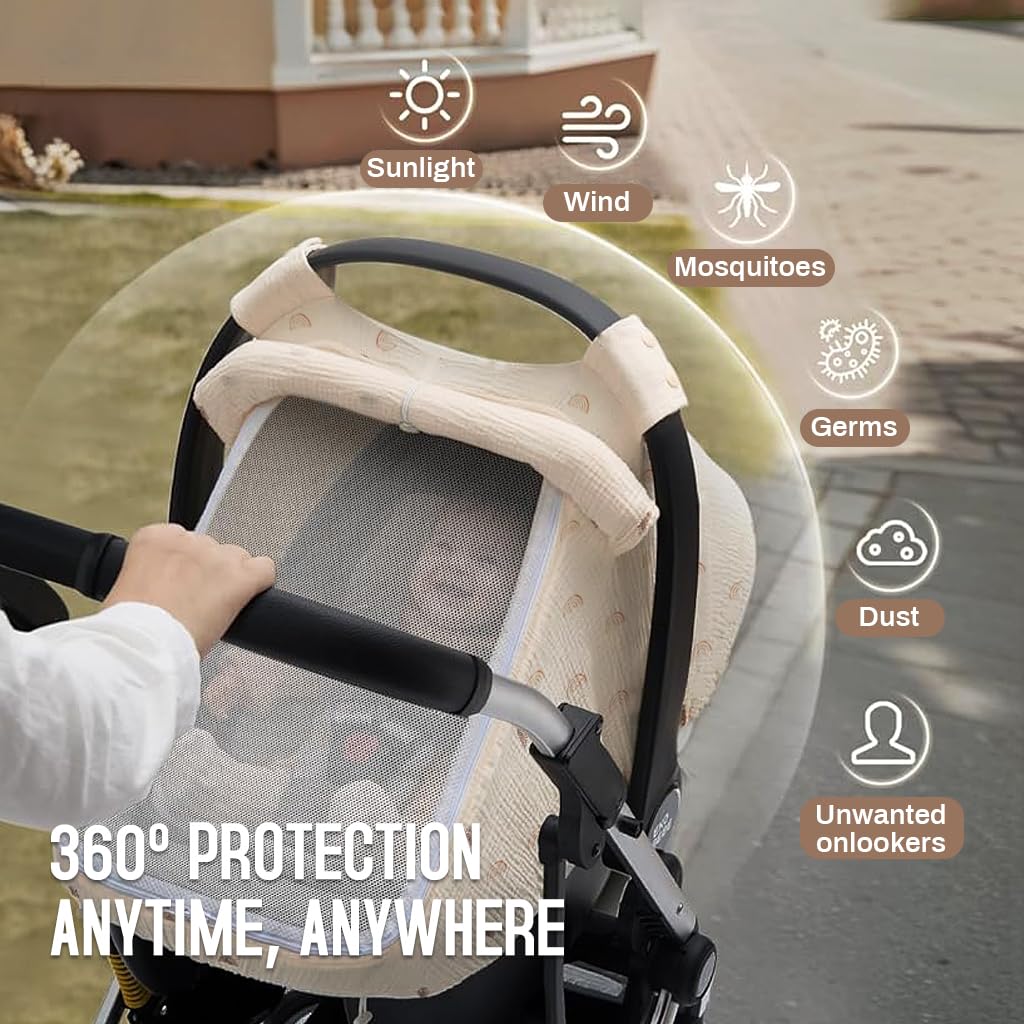 ZIBUYU Sun Shade Cover for Newborn Carry Cot with Zip Mesh Window and Soft Cotton Fabric | Breathable Insect Protection for Infant Sleep