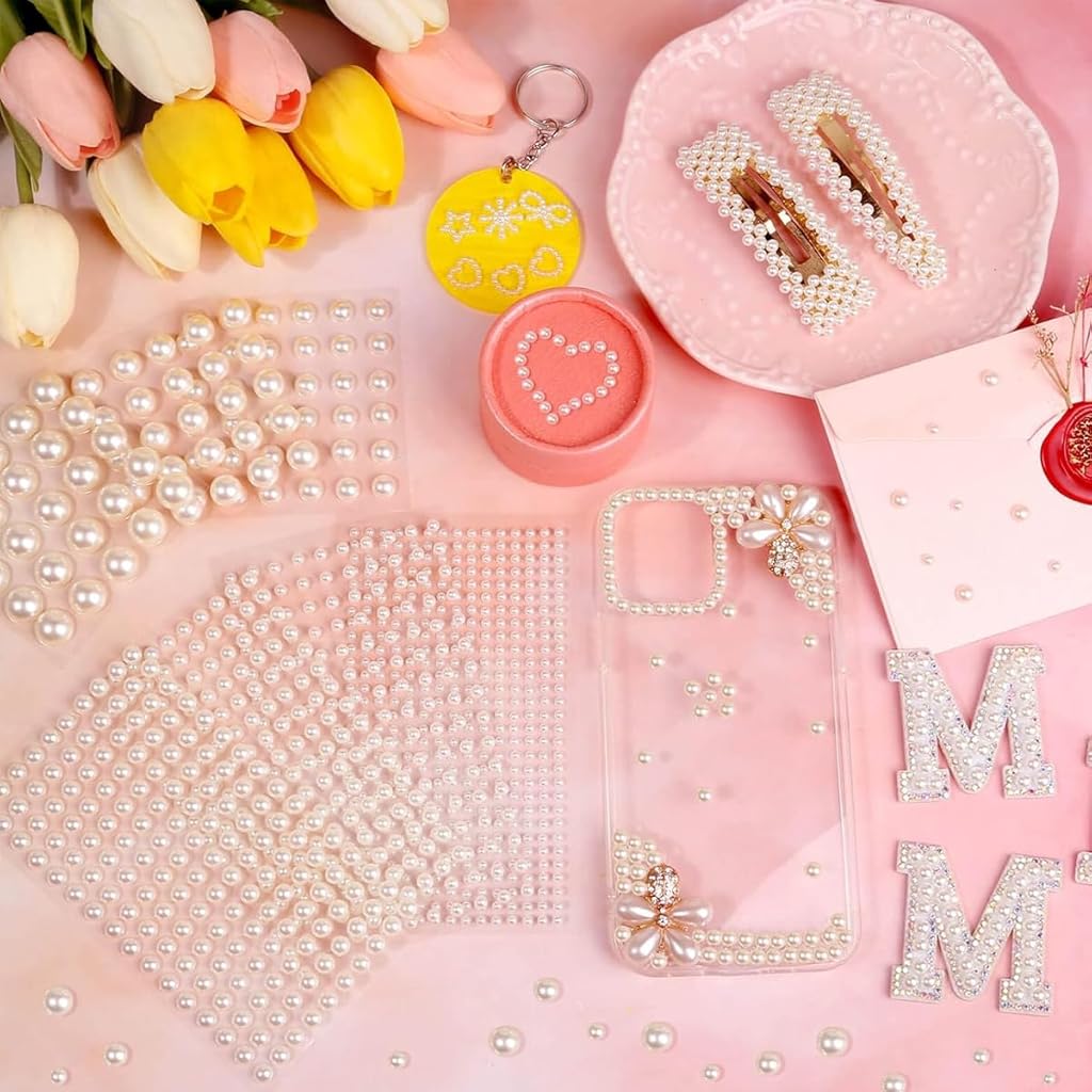 MAYCREATE® 1980PCS Pearl Stickers for Art and Craft Self-Adhesive Faux Pearls Gems for Hair Face Eye Nail Makeup DIY Crafts Assorted Sizes