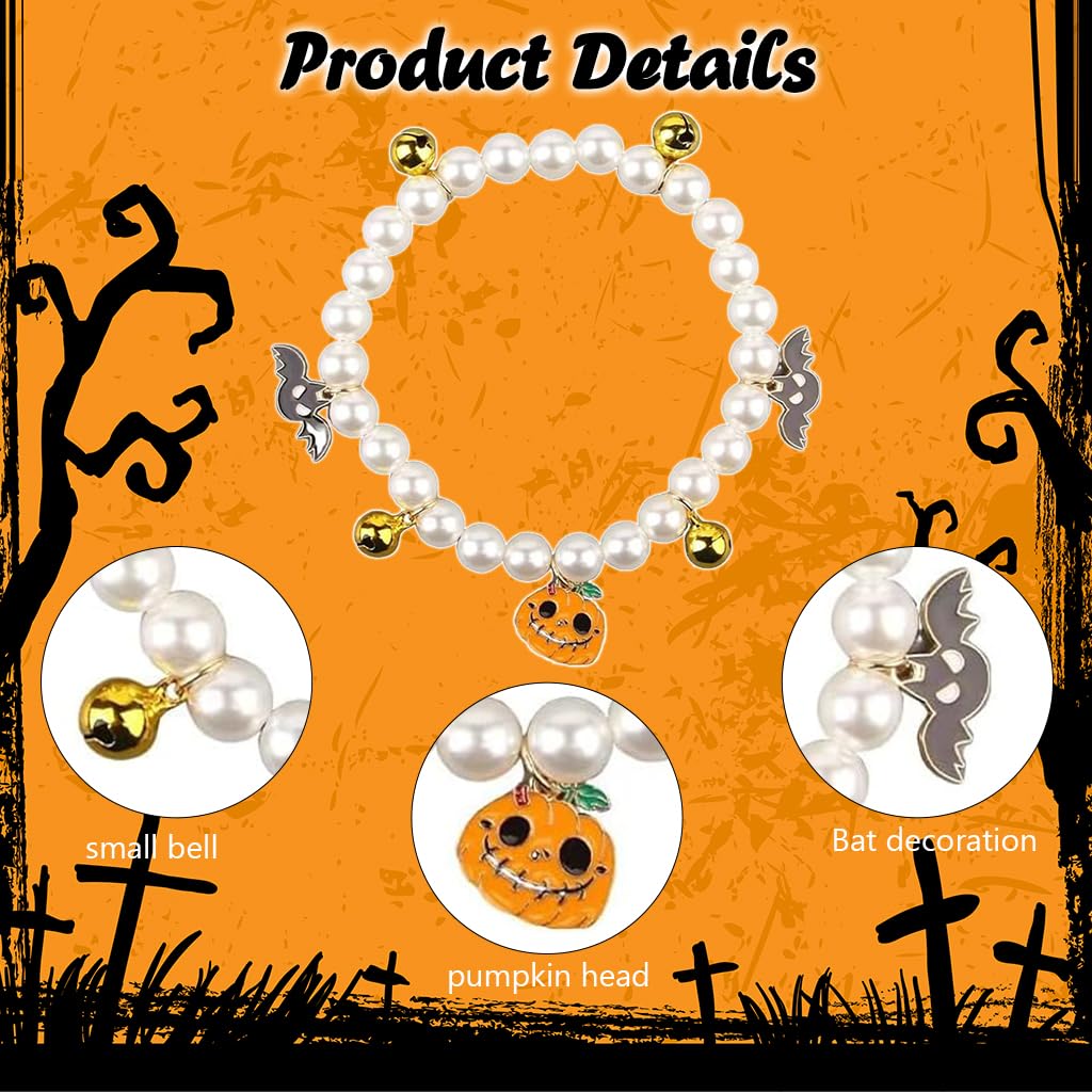Qpets Halloween Cat Collar Necklace with Pearl Beads and Bells for Small Pets 22cm | Pumpkin Charm Design