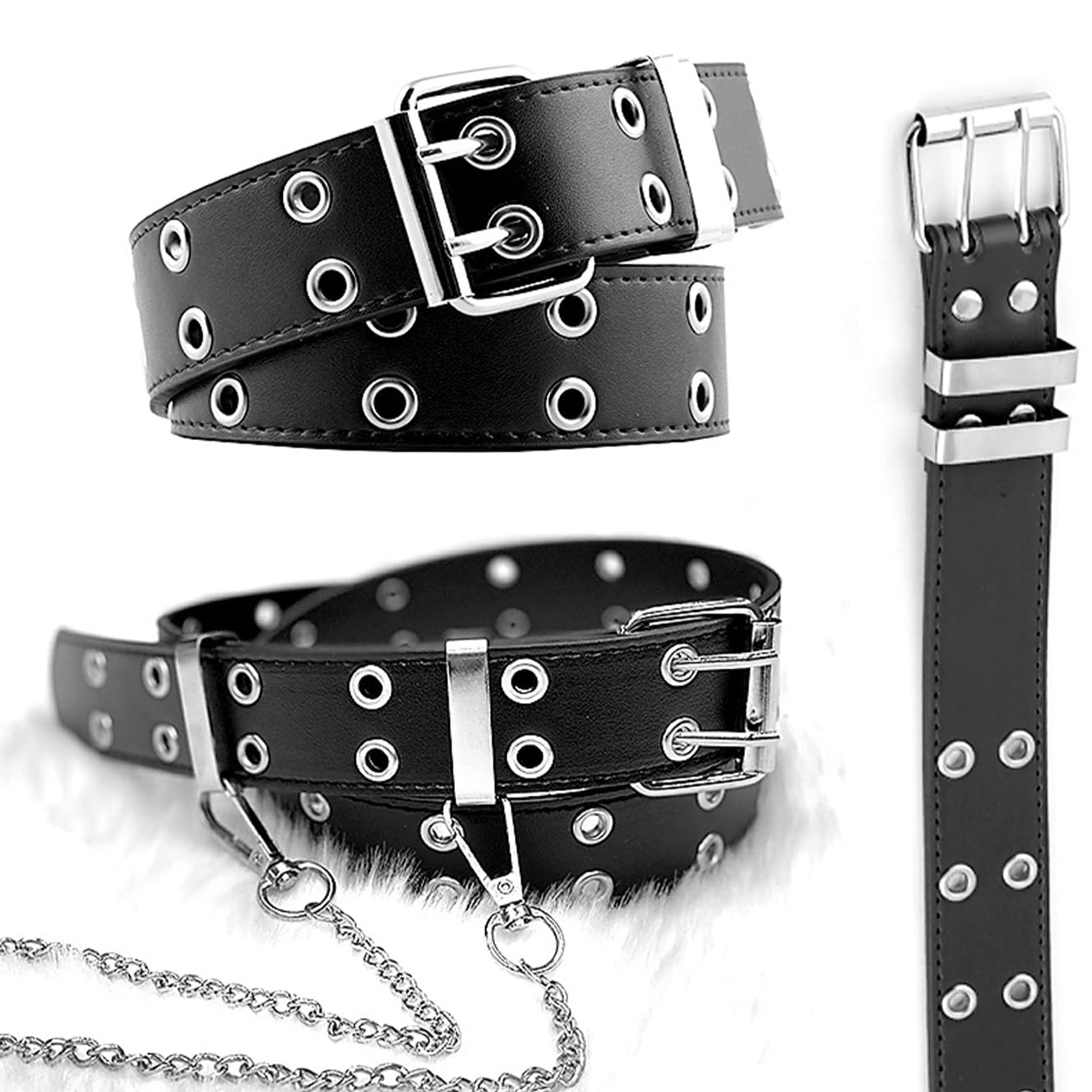 SANNIDHI Belt for Women featuring Dual Row Metal Eyelets and Chain in Black PU Leather