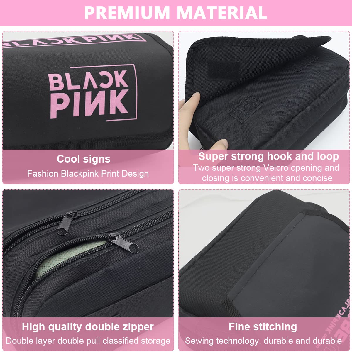 HASTHIP® Blackpink Prints Cosmetic Bag Organizer Pencil Box Case Large Capacity Double Zippers Pouch for Blackpink Fans, Fashion Stationary Bag for Women School Girls Boys Gifts