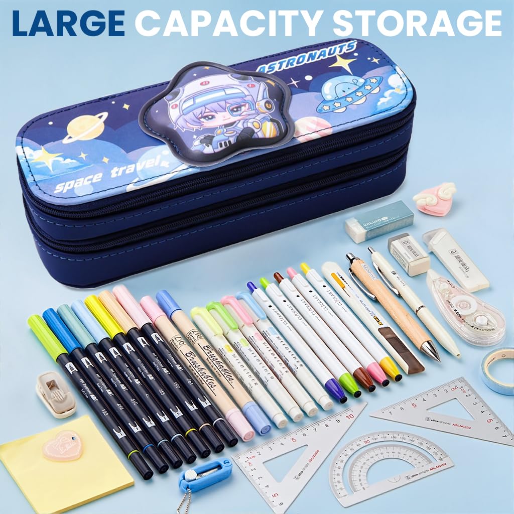 Zibuyu Pencil Box for Kids with Double Layer 22×7.5×7.5cm Design in Blue Polyester | Cute Panda Organizer