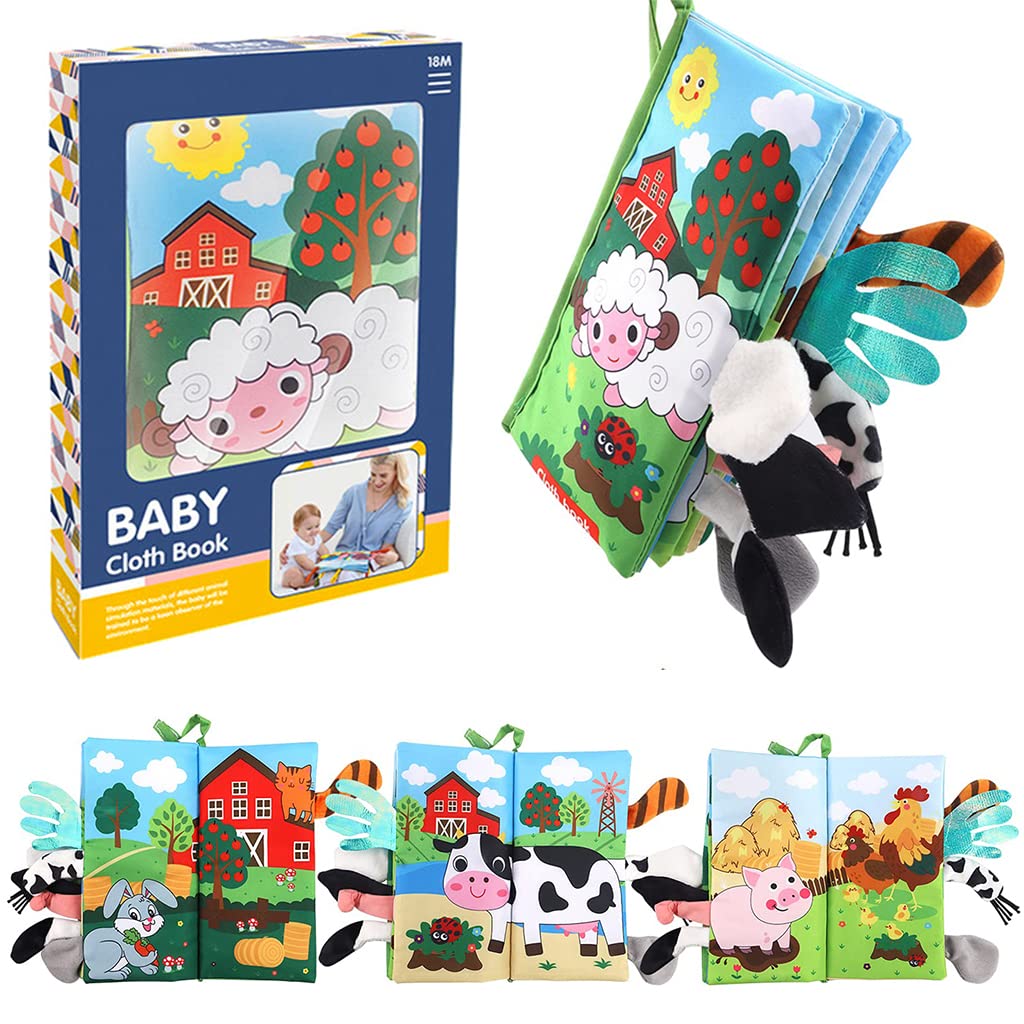 PATPAT 3D Baby Cloth Book,Cute Farm Animal Theme Soft Cloth Books, Sensory Book,6 Pages Early Development Baby Cloth Book for Baby Toddler 3-18 Months (Farm Tails Cloth Book) Yellow