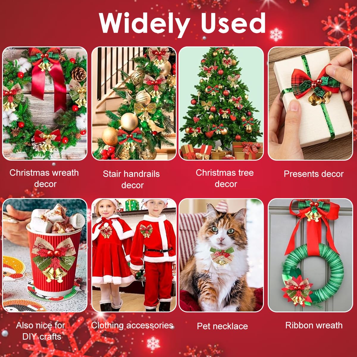 HASTHIP Christmas Bows with Bells for Tree and Gift Decor featuring Linen Ribbon | 8PCS