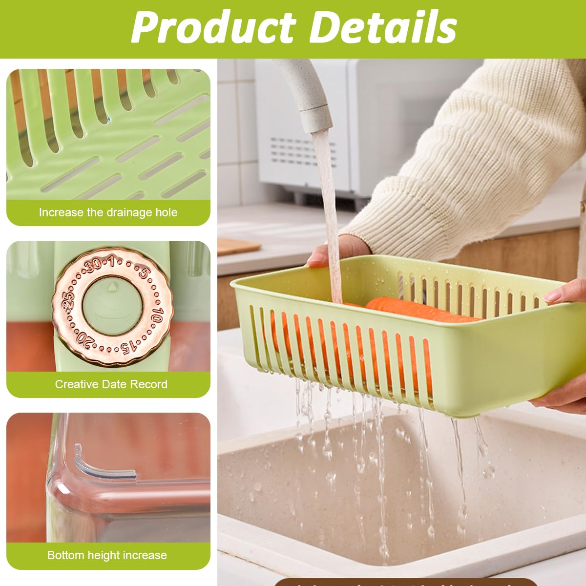 ZIBUYU Fridge Storage Containers for Kitchen Organization with Removable Draining Tray 29.5x16.5x16.5 cm | BPA Free Transparent Food Boxes