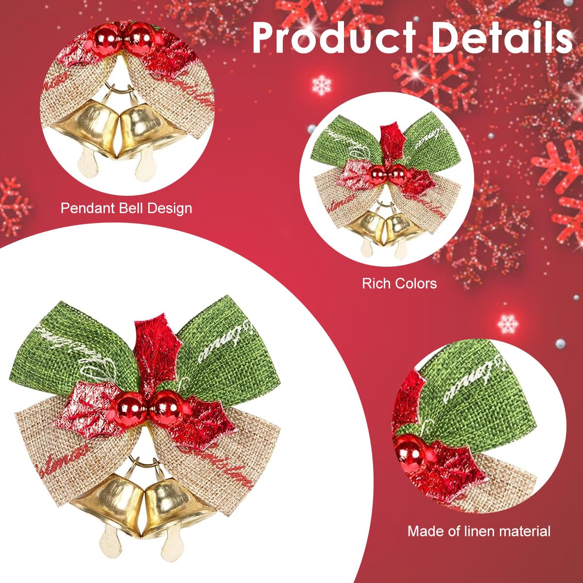 HASTHIP Christmas Bows with Bells for Tree and Gift Decor featuring Linen Ribbon | 8PCS