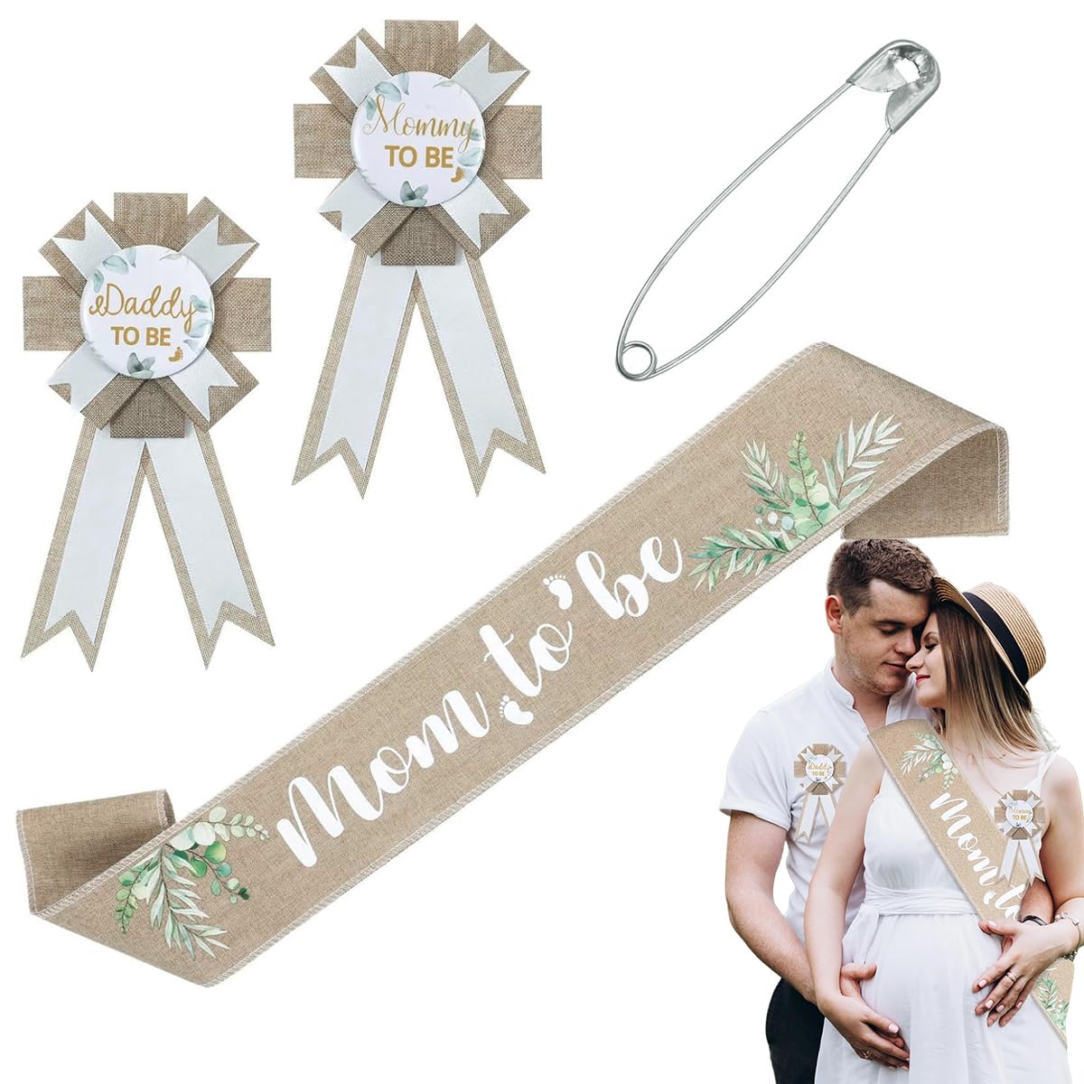 ZIBUYU® Mom to Be Decoration Items Sash and Badge Set, Mom to Be Sash and Dad to Be Pin Badge Gifts Baby Shower for Mom to Be & Dad to Be