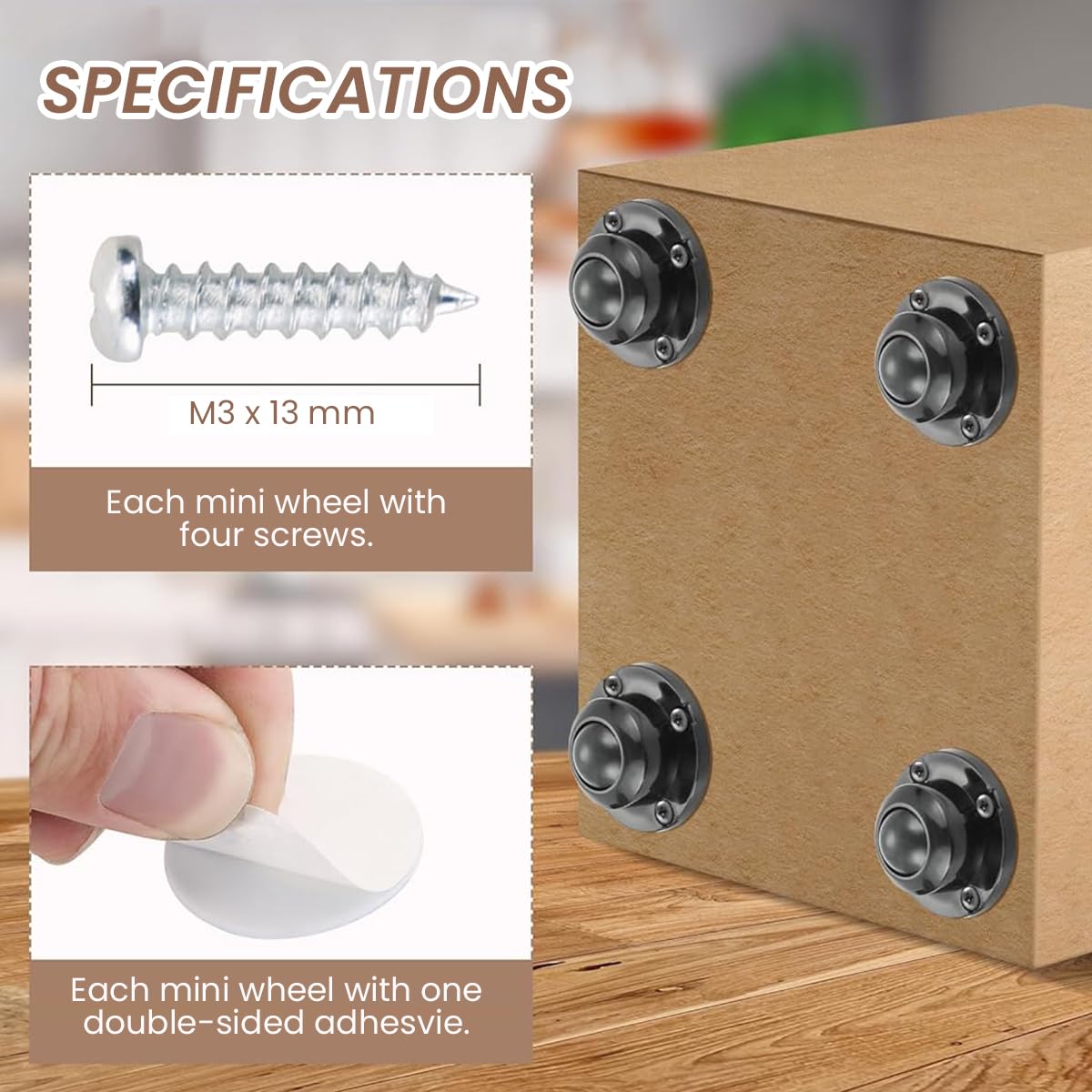 HASTHIP Caster Wheels for Furniture and Small Appliances featuring 360° Swivel | 200kg Load Capacity and Self Adhesive Design
