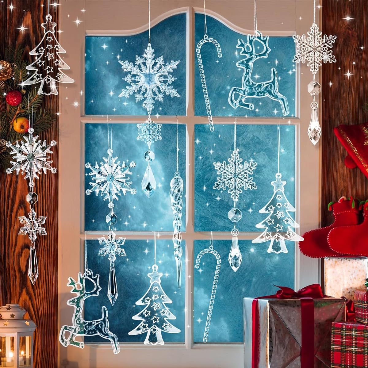 HASTHIP Christmas Tree Decorations 18Pcs for Home and Window featuring Crystal Acrylic Snowflake and Icicle Ornaments