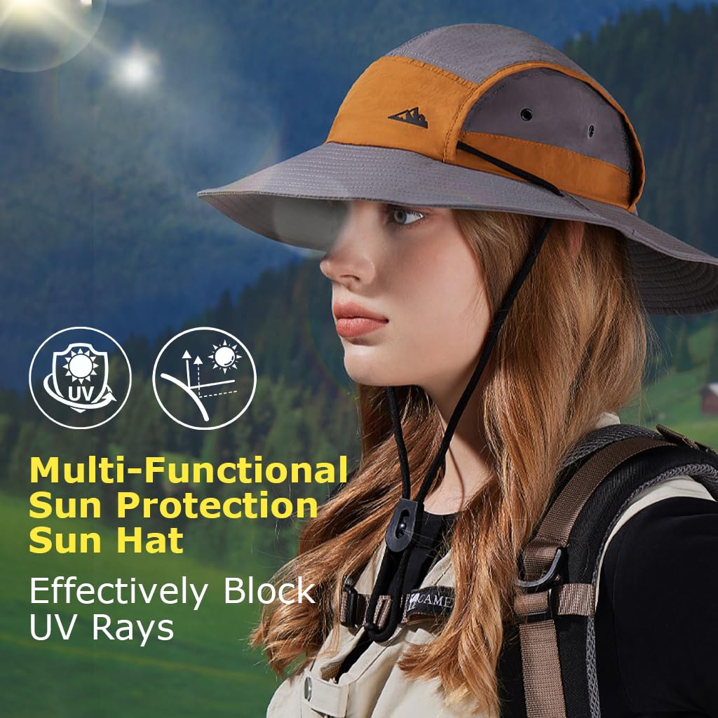 GUSTAVE UV Protection Wide Brim Sun Hat for Hiking and Fishing with Breathable Mesh | Lightweight Quick Dry Nylon in Orange Grey