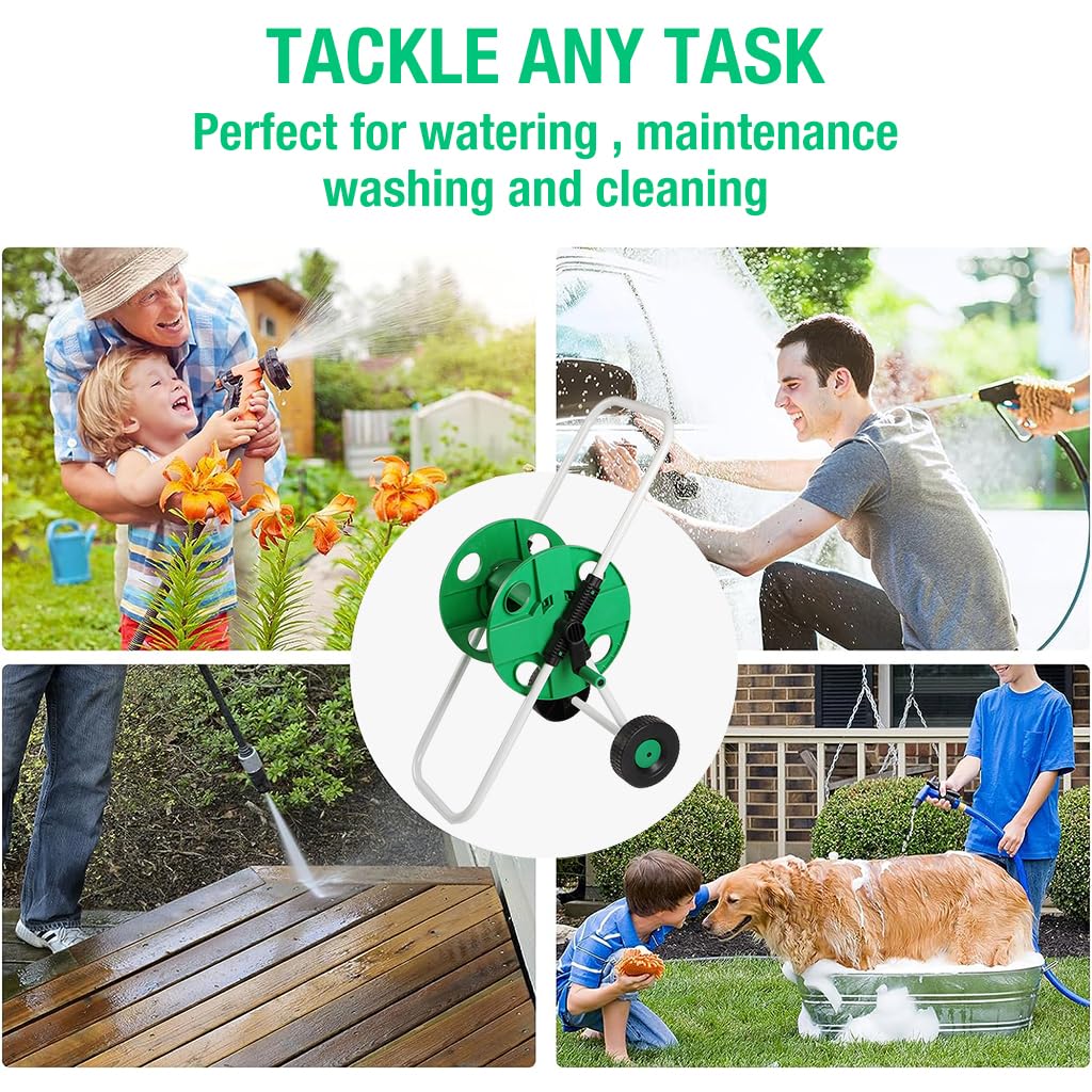 Venzina Garden Hose Reel for Gardening with Smooth 50m Winding Mechanism | Green Wheel Stand Holder