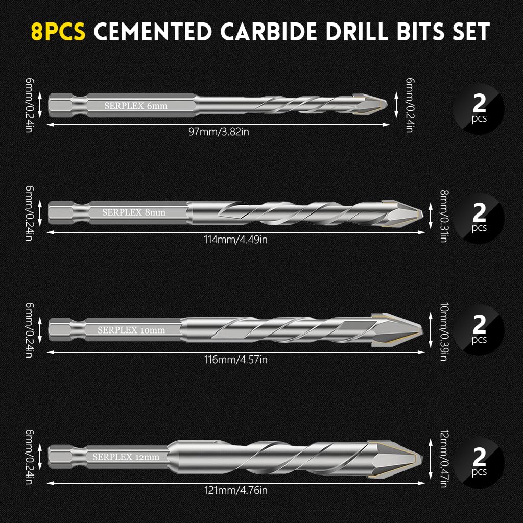 Serplex Cemented Carbide Drill Bits Set for Concrete and Masonry with 1/4 Inch Hex Shank | 8Pcs Sizes 6mm to 12mm