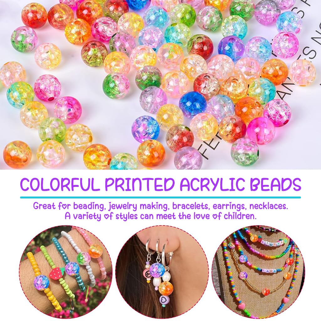 SANNIDHI 300Pcs Crack Glass Beads for Jewellery Making, 8mm Round Bracelet Beads Set, Random Colorful Crystal Beads for Kids Activity, Acrylic Beads Kit for Adults Girls DIY Bracelet Necklace Making